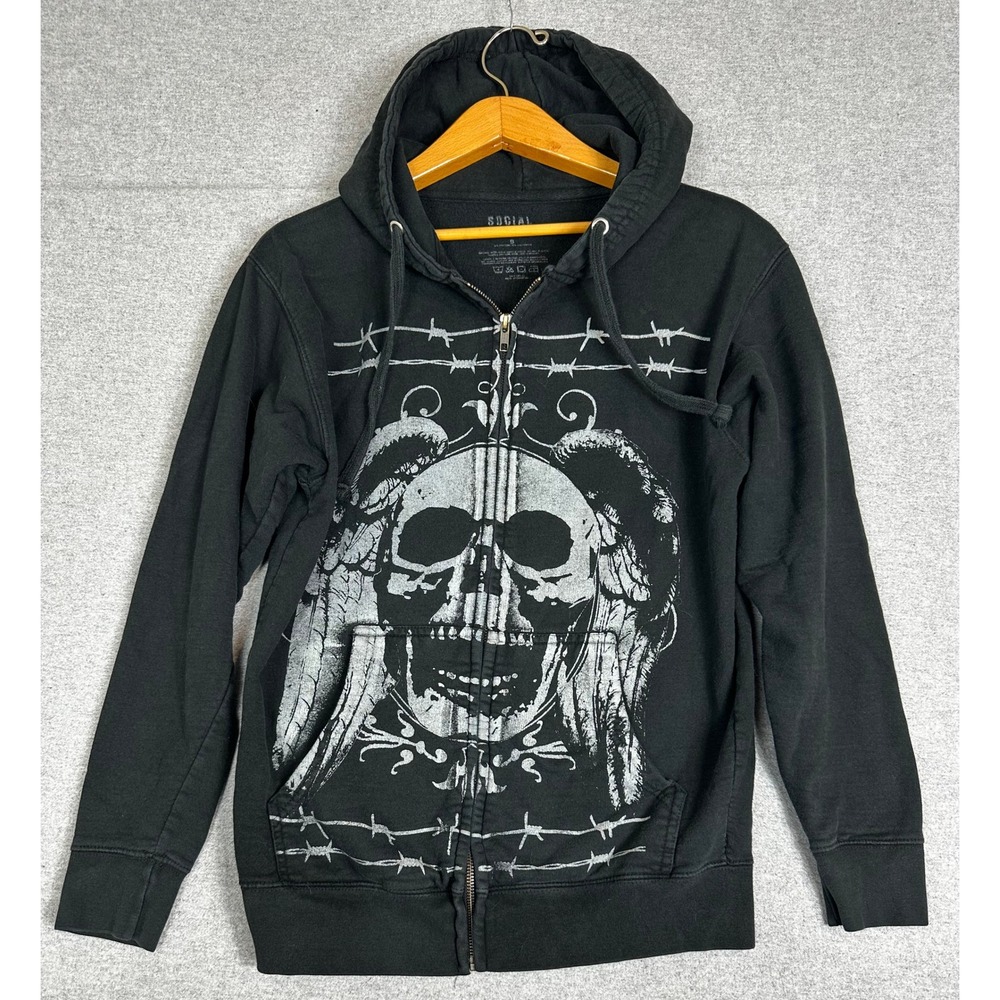 Y2K Social Collision Full Zip Hoodie Mens Small Black Skull Barbed Wire Goth